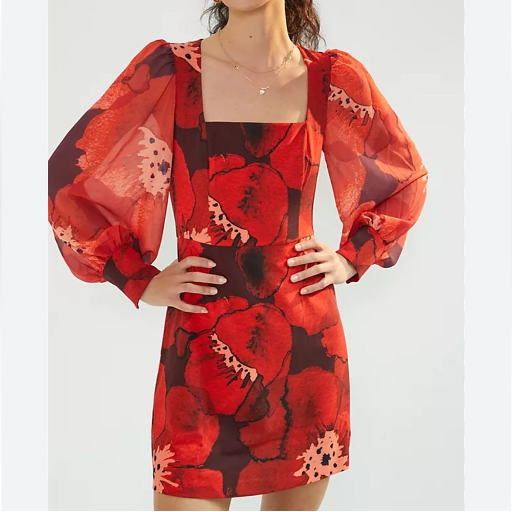 Anthropologie Poppy Puff-Sleeved Mini Dress by Hutch Red